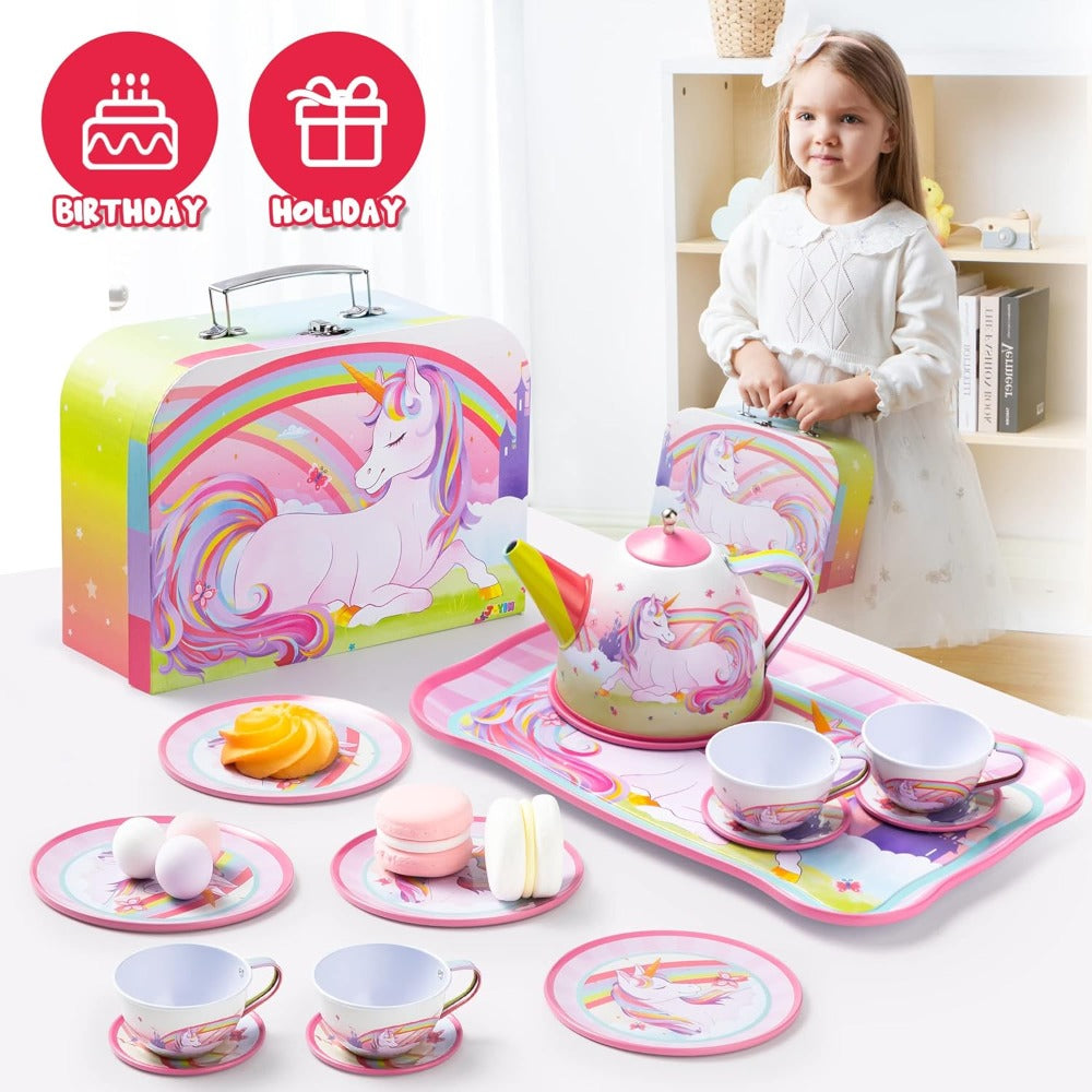 Pretend Play Pink Tin Teapot with Cups, Plates & Carrying Case, Magical Rainbow Design, Birthday Christmas Gift for Kids Ages 3+ | Unicorn Tea Party Set for - product image 15