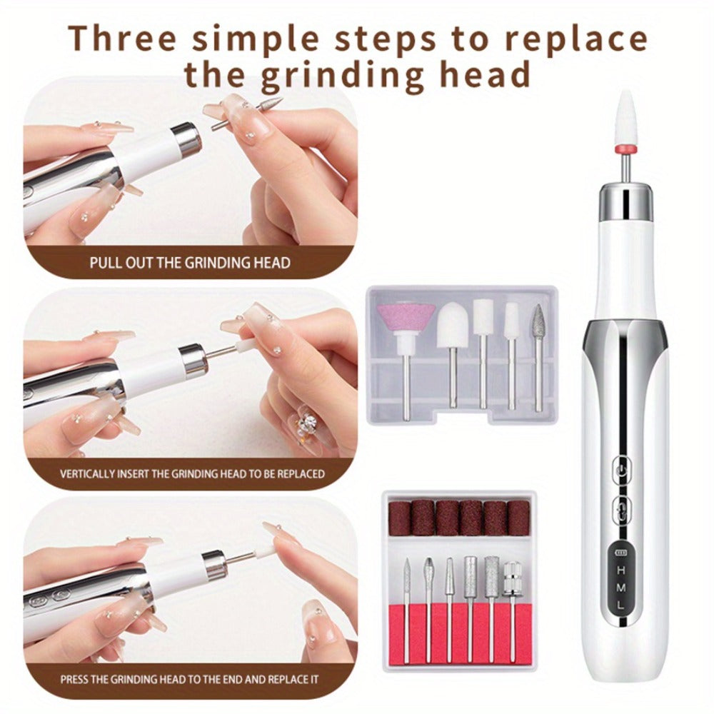 Electric Nail Drill Cordless USB Rechargeable 12 Bits Sanding Bands Manicure Pedicure Kit Low Noise Portable Pen Style Home Salon Beginner Professional Golden White - product image 2