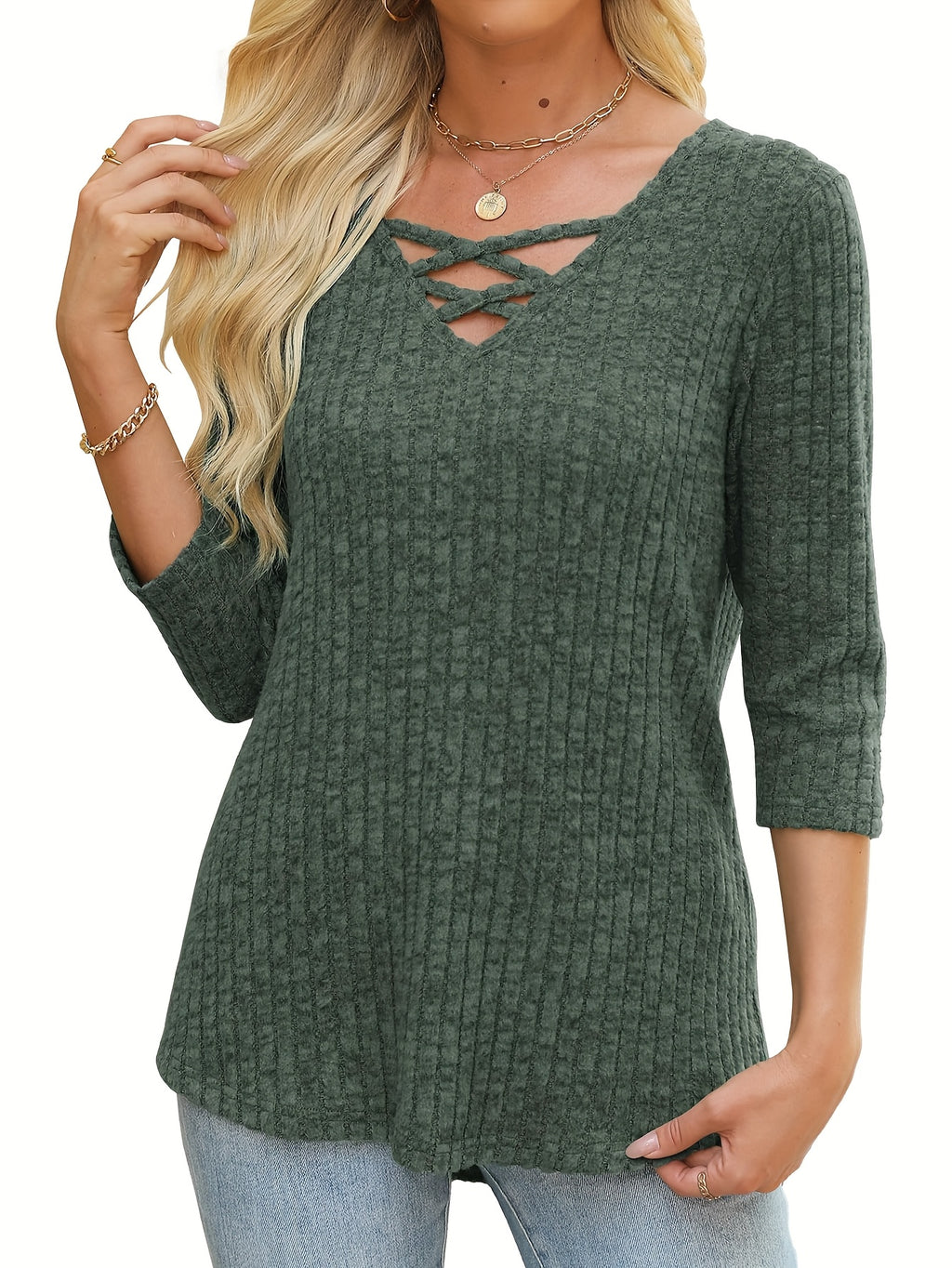 Casual Pullover with 3/4 Sleeves for Women, Featuring a Light and Loose Fit, and a Cross V-Neck Design - product image 9
