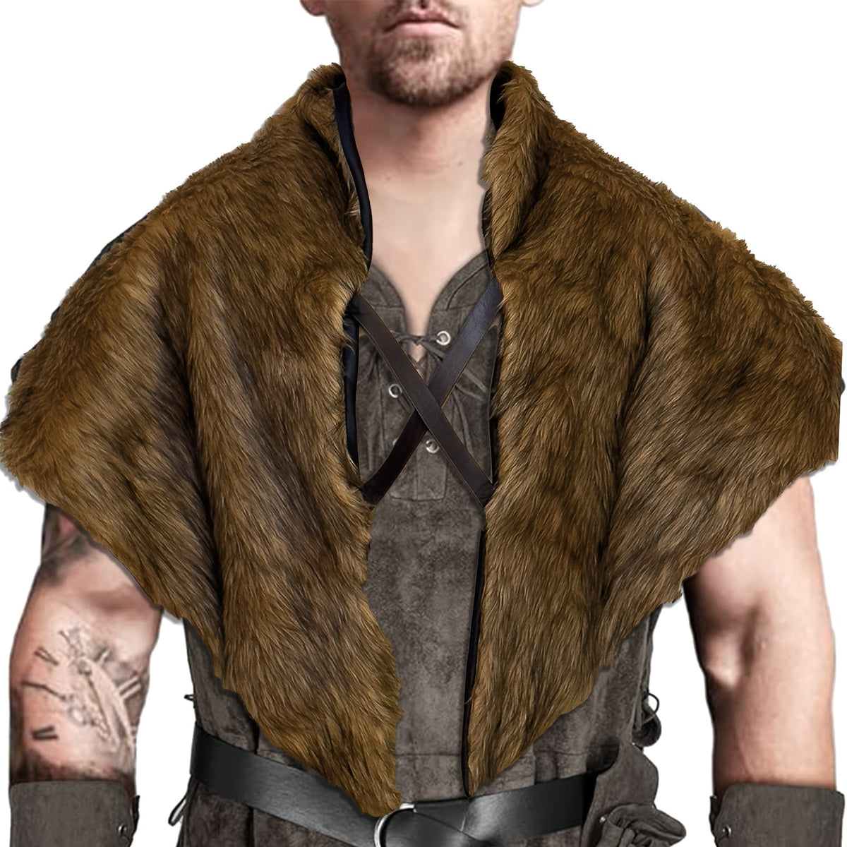 Faux Fur Shoulder Wrap for Men & Women, Halloween LARP Cosplay Renaissance Fair Norse Warrior Costume, Brown | Viking Wolf Fur Cloak & Medieval Mantle with - product image 6