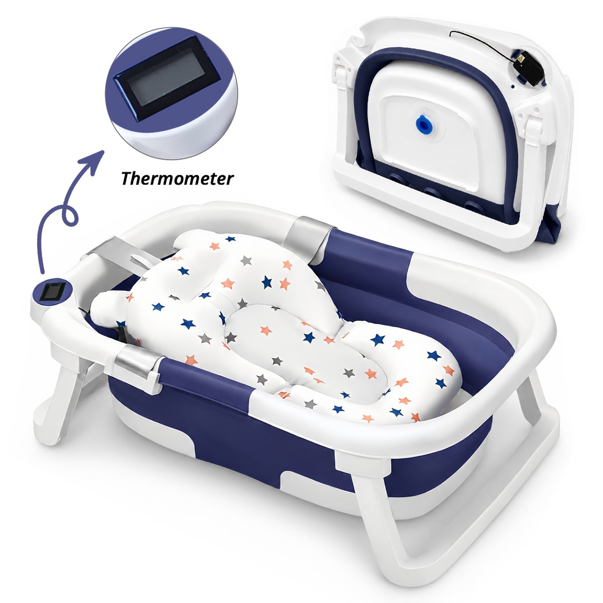 Foldable Baby Bathtub, Baby Tub with Soft Cushion and Thermometer, Portable Travel Baby Bathtub