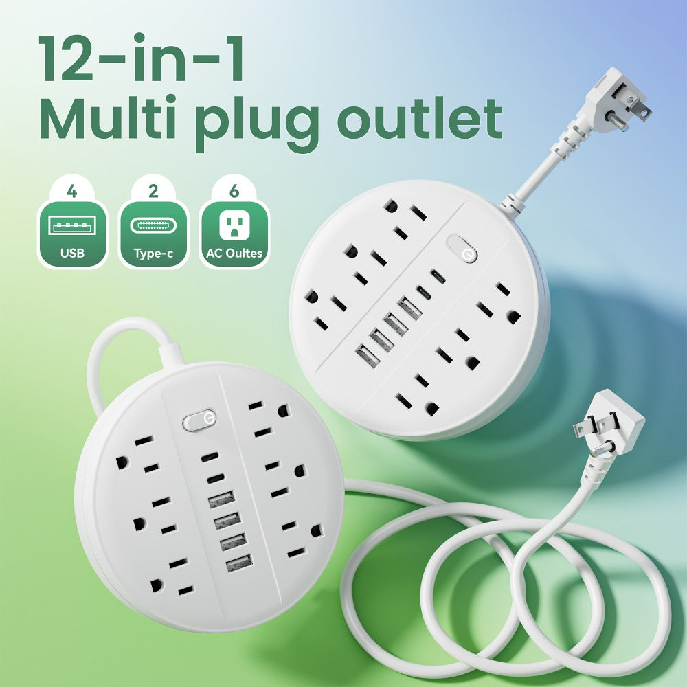 Surge Protector Power Strip 12-in-1 with 6 AC Outlets 4 USB-A 2 USB-C Flat Plug Wall Mount Overload Protection Desk Charging Station for Home Office Travel - product image