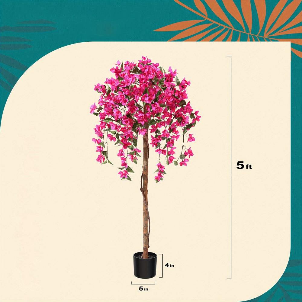 Faux Potted Bougainvillea Tree 5ft Artificial Indoor Plant with Pink Flowers Wood Trunk for Living Room Office Entryway Home Decor Housewarming Gift - product image 3