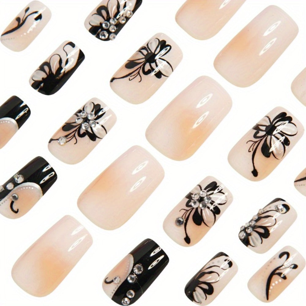 Matte Press On Nails 48 Pieces Black White Square – French Tip Butterfly Pattern Full Cover Detachable False Nails for Women | Elegant Nail Art Gift Set for Valentines Day Holiday  - product image 2