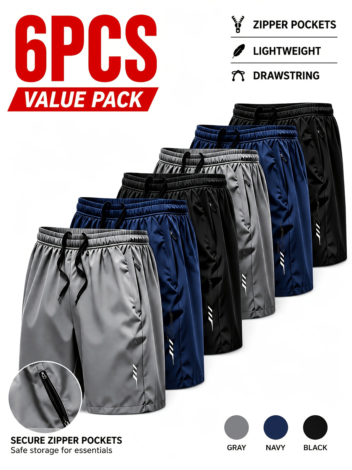 6pcs Of Men's Lightweight Summer Athletic Shorts - Breathable, Moisture-wicking, and Quick-drying; Solid Colors With Zippered Pockets; Suitable For Both Sports - product image
