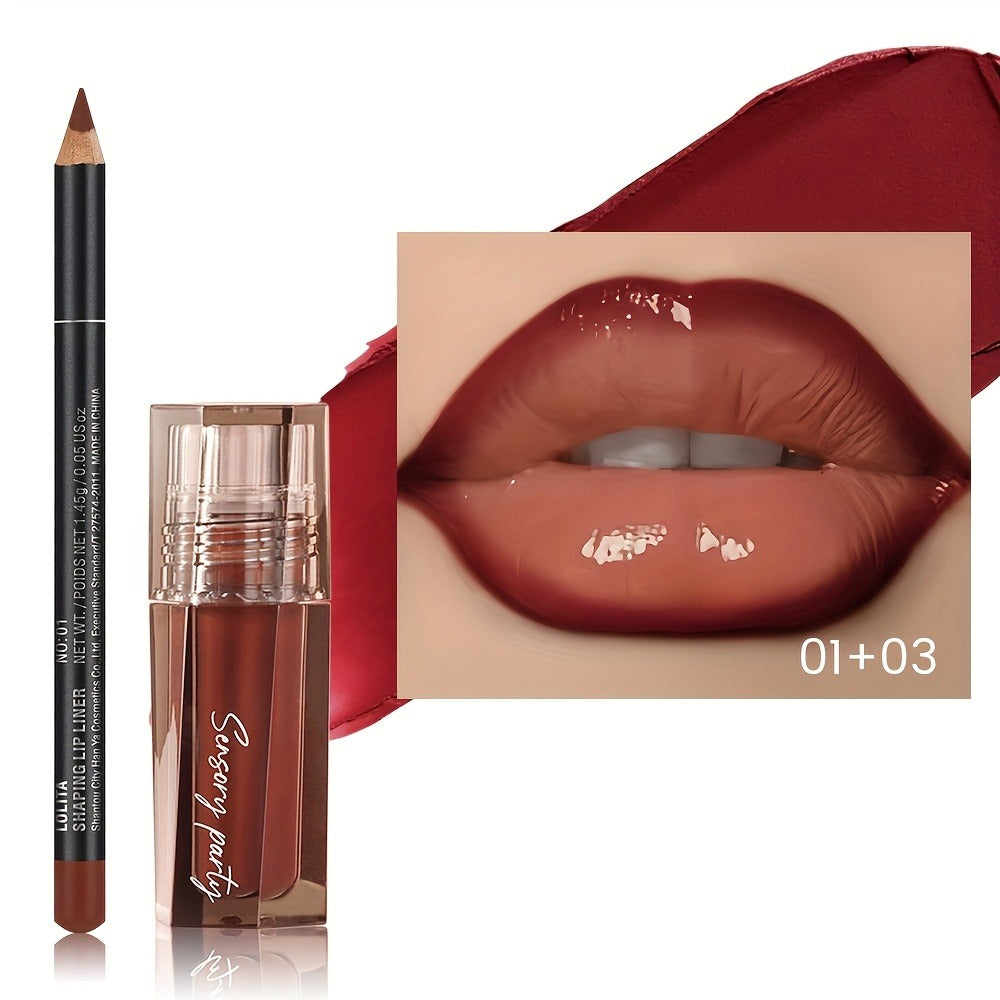 Lip Gloss Lip Liner Set Hydrating Water-Gloss Dewy Finish - 3D Precision Contour Matte Liner Moisturizing Plumping Lip Makeup Duo for Women All Skin Tones Daily Glam - product image 2