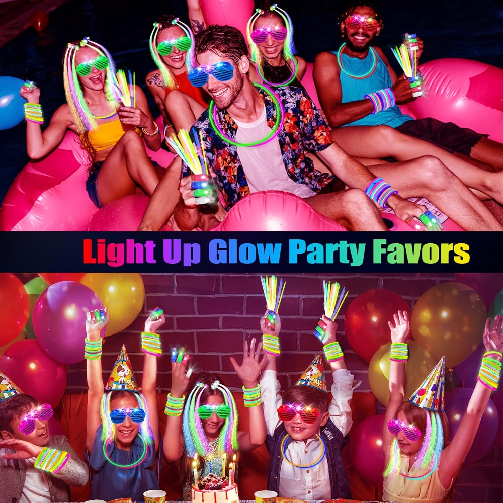 Neon Glow Rings LED Glasses Glow Sticks & Fiber Optic Hair Clips for Blacklight Birthday Party, Wedding, Concert, Rave & New Year's Eve – Glow in the Dark Party Supplies 120 Piece Set