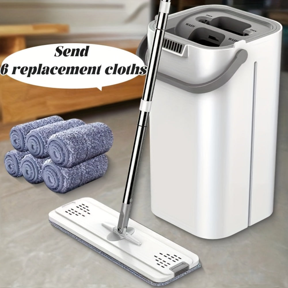 Flat Mop with Bucket Set, Hands-Free Wringing Floor Mop, 6 Replacement Microfiber Cloths, Wet & Dry Dual-Use, Durable Plastic Frame, for Hardwood Tile Laminate Bedroom Kitchen Livi - product image