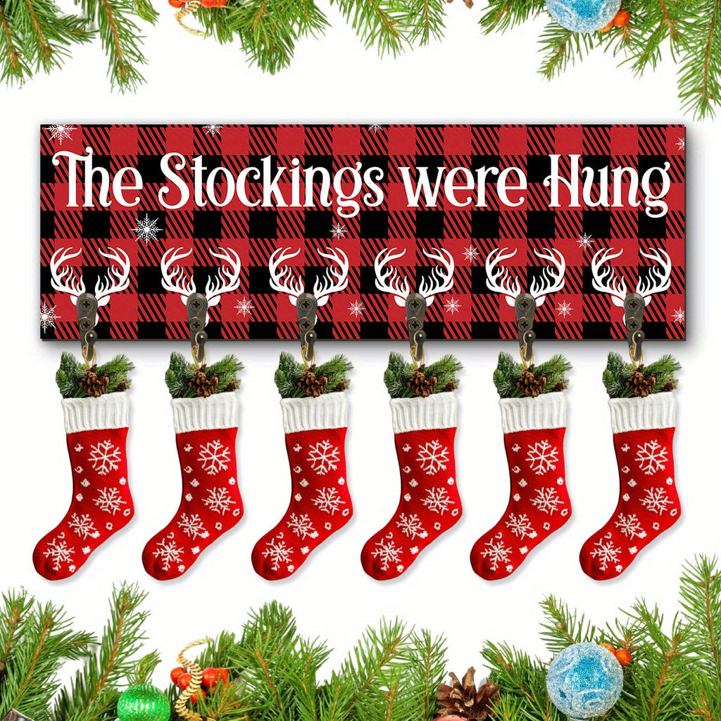 Christmas Stocking Holder with 6 Hooks – Wooden Sign Wall Rack with Snowflake Design & "The Stockings Were Hung" Quote, Santa Claus Mantel Hanger for Holiday Fireplace Decor - product image 7