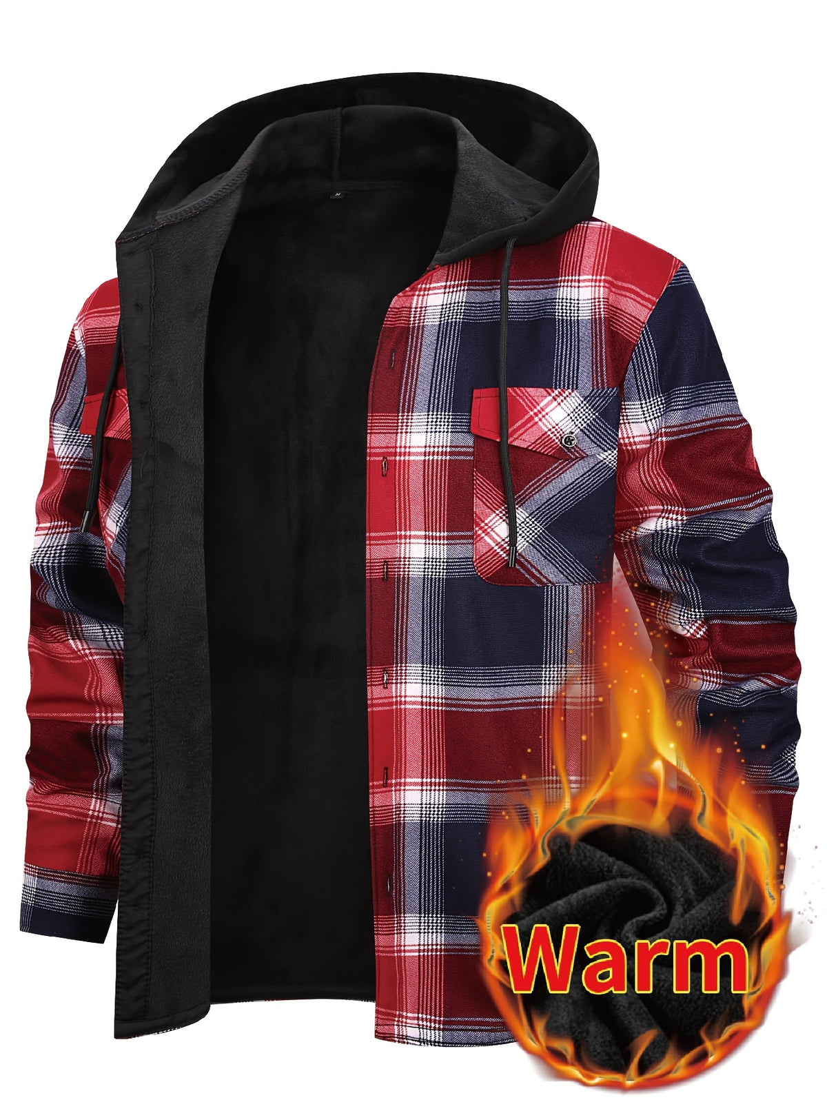 Men's Hooded Plaid Shirt Jacket with Flannel Lining - Thickened Winter, Button Front, Black/White/Gray/Beige Plaid, Euro/American Sizing, Casual Outdoor - product image 3