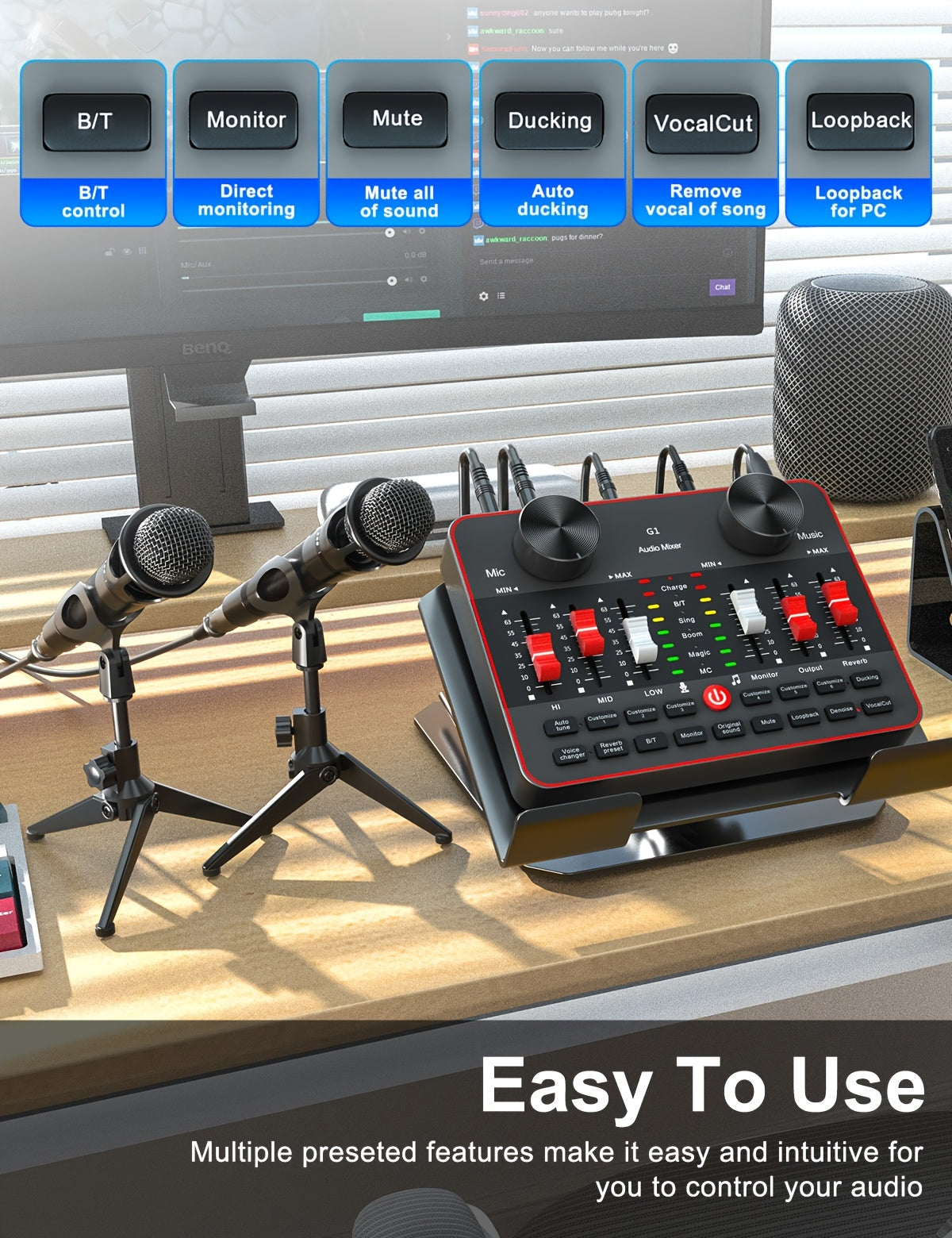 Podcast Equipment Bundle, All-in-One Audio Interface DJ Mixer with 2 Condenser Microphones, Recording Studio Kit Live Sound Card for Singing Broadcast, Live - product image 14