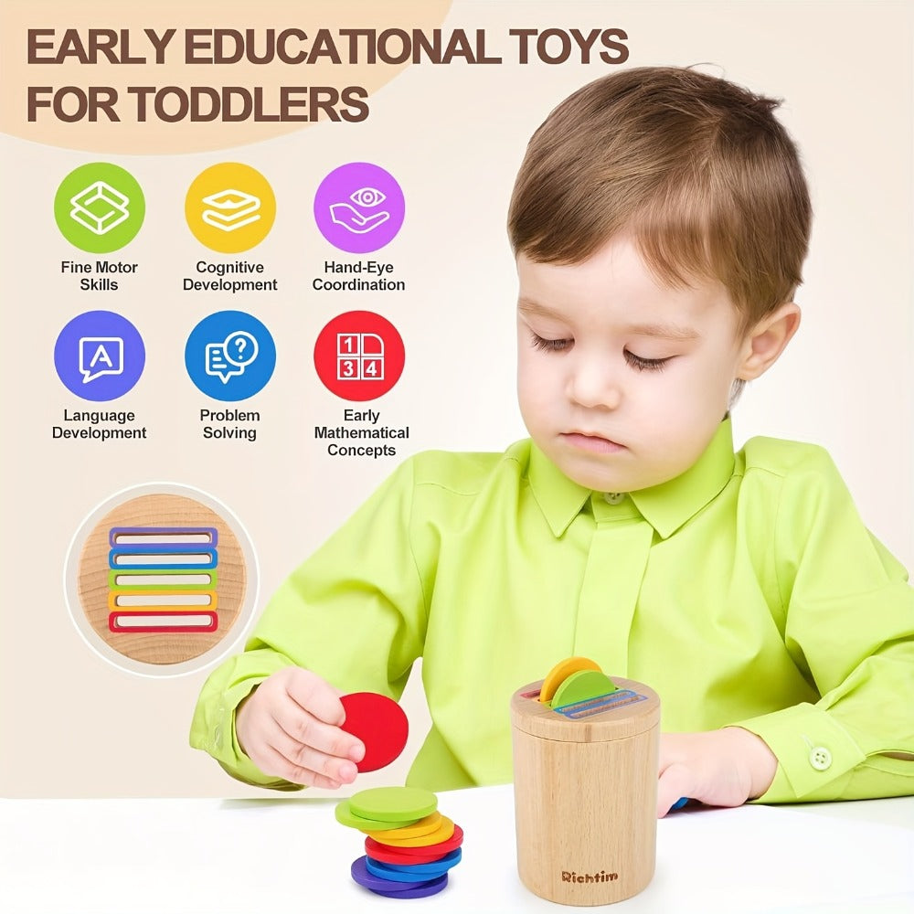 Montessori Educational Sensory Learning Toy with 10 Colorful Blocks & Storage Bag, Fine Motor & Hand-Eye Coordination Toy, Christmas Gift for Boys & Girls – Wooden Color Sorting Coin Box Toy for Toddlers 1+