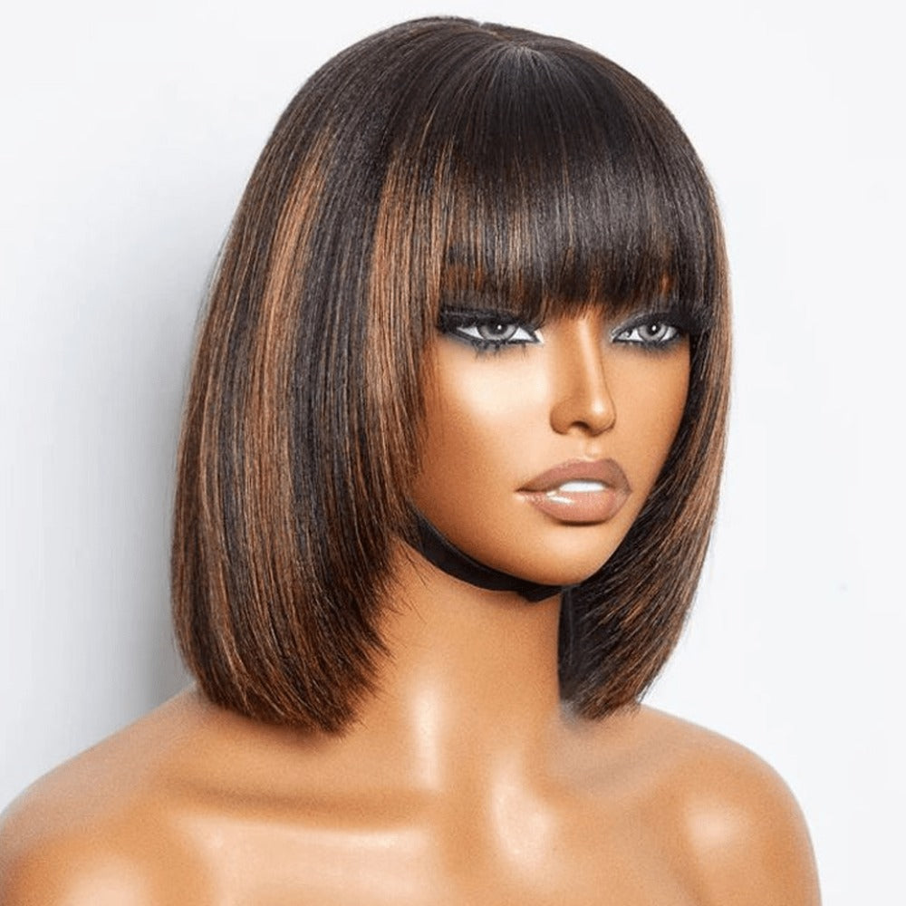 Straight Bob Wig with Bangs Human Hair 3x1 Lace Part Pre-Plucked Glueless Brazilian Short Bob 150 Density 1B/30 Highlight Natural Black 10-12 Inch Women - product image 7