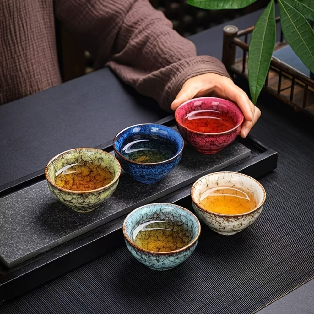 Kung Fu Tea Cups Set of 5 – Handmade Kiln-Fired Jianzhan Ceramic Teacups – Five-Element Design in 5 Colors with Gift Box – Elegant Chinese Tea Ceremony Cup Gift for Business, Frien - product image 6