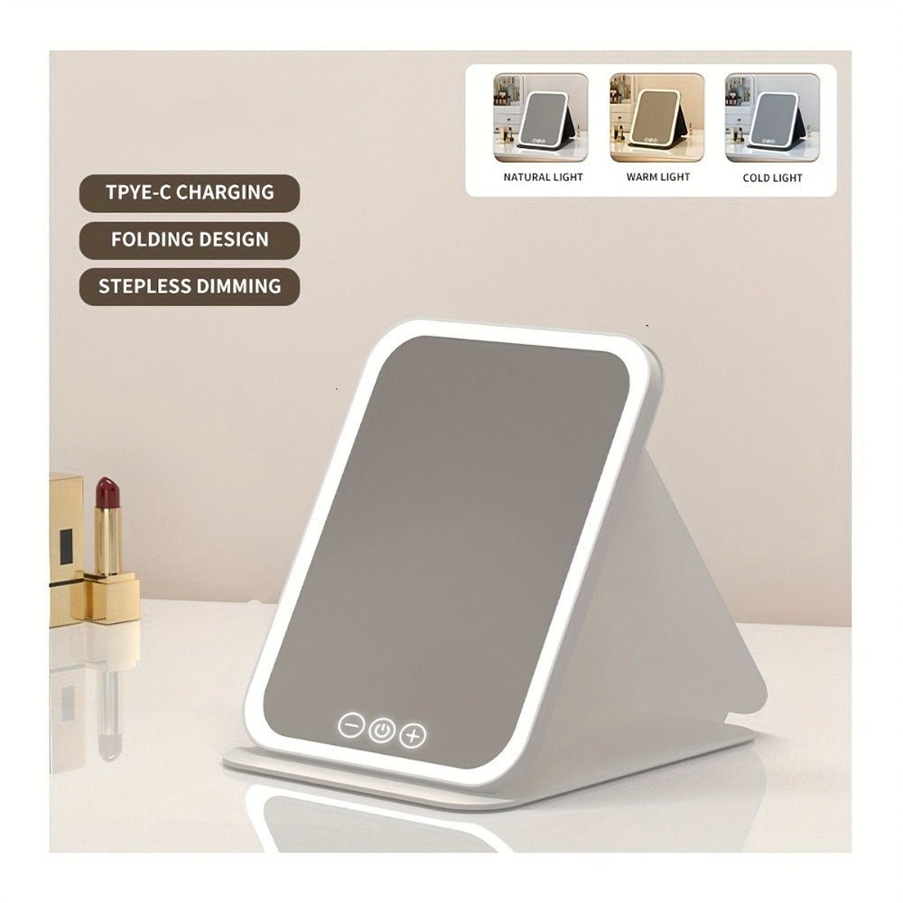 Portable LED Makeup Mirror Folding with Touch Screen - USB Rechargeable Vanity Mirror, Tri-Color Dimmable Lighting, Travel Desk Tabletop, Square or Round Shape, Pink or White, Cord - product image 10