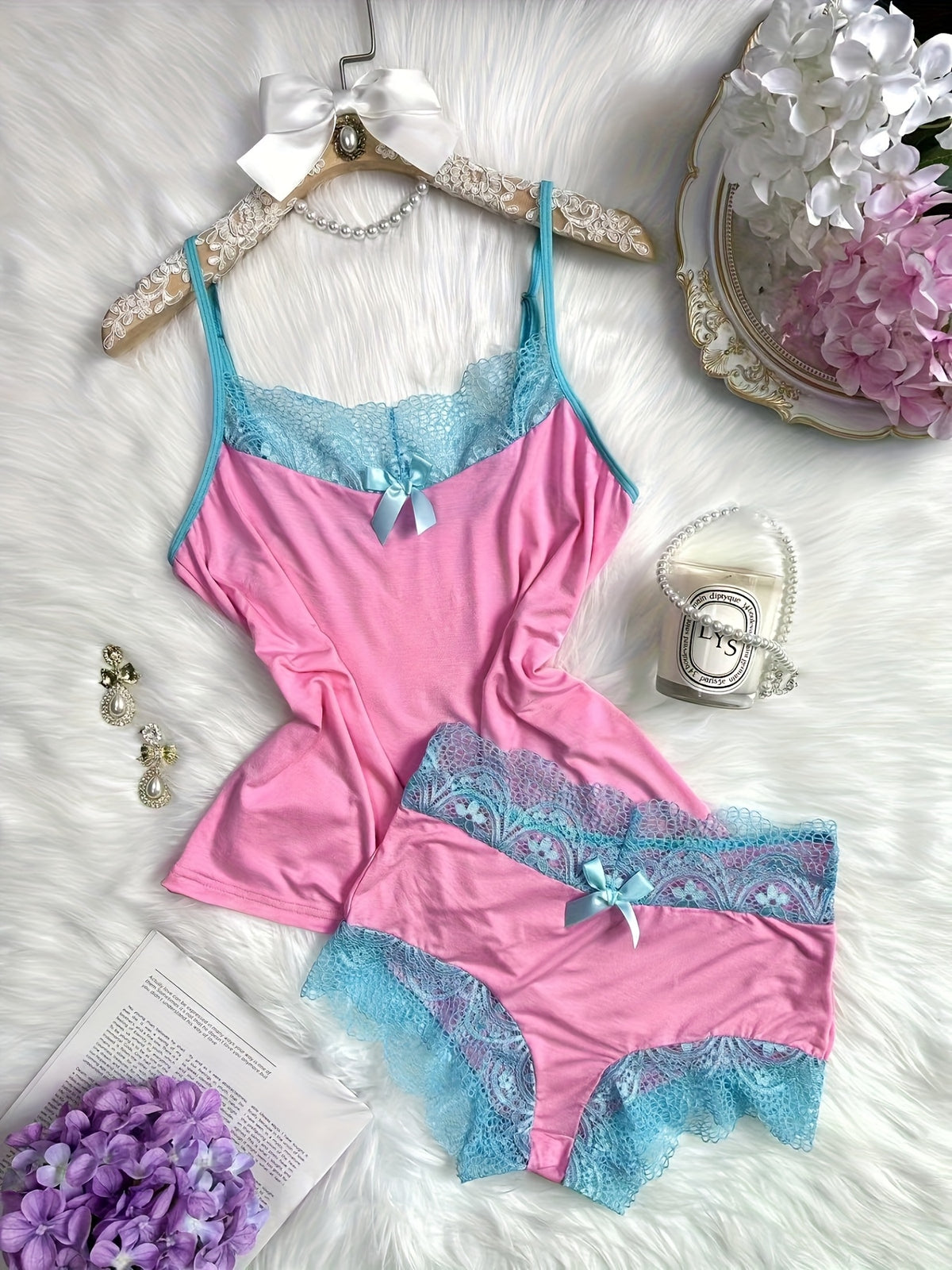 Contrast Color Lace Splicing V-Neck Bow Splicing Soft and Comfortable Skin-Friendly Casual Home Pajamas Set
