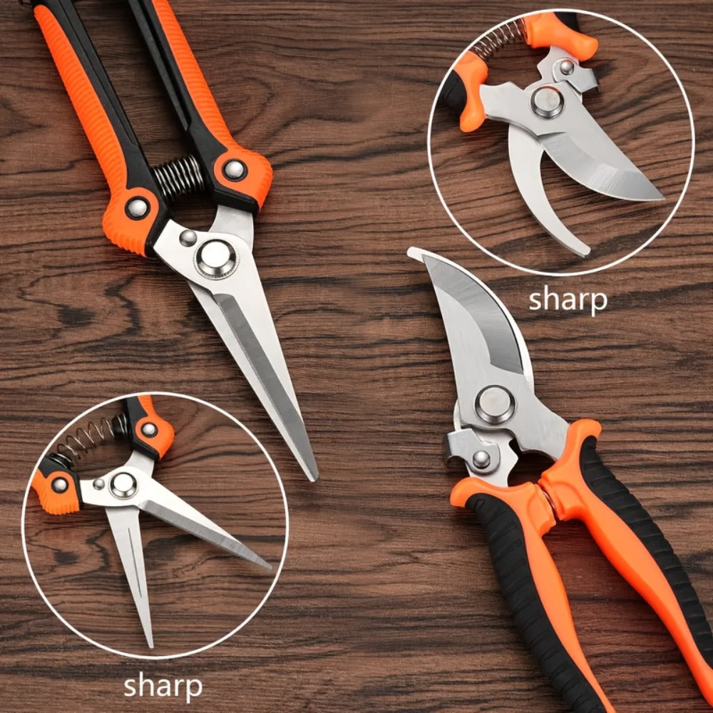 Gardening Pruning Tool Set 8 Piece Stainless Steel | Pruning Shears Scissors Pliers Ergonomic Handle with Wiping Cloth | Lawn Tree Garden Care Kit Orange Yellow Green - product image 6