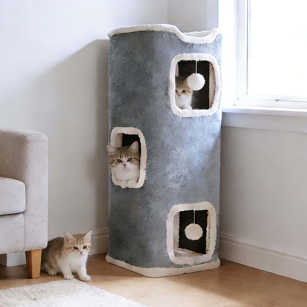 Cat Tree Tower Multi-Level Collapsible | Indoor Cat House with Scratch Resistant Post, Soft Top Cat Bed, Cat Hideaway & Bell Ball Toy, 1 2 3 Layer Cat Climbing - product image
