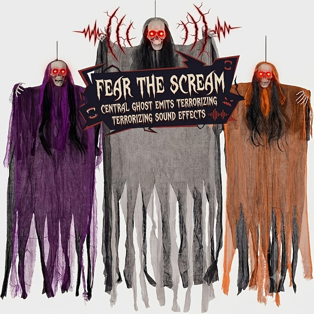 Halloween Decorations: 3pcs Hanging Skeleton & Set (Sound-Activated Light-Up Eyes) Indoor/Outdoor Yard & Lawn Spooky, Colorful Fabric "Grim Reaper" - product image