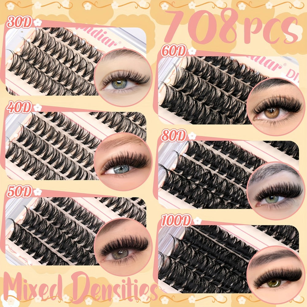 708Pcs Mixed Density Lash Clusters Kit 8-16mm 30D-100D Mega Volume with Glue Tweezers & Brush – Soft Reusable DIY Cluster Lashes for Natural to Dramatic Salon-Style Eye Makeup at H - product image 5