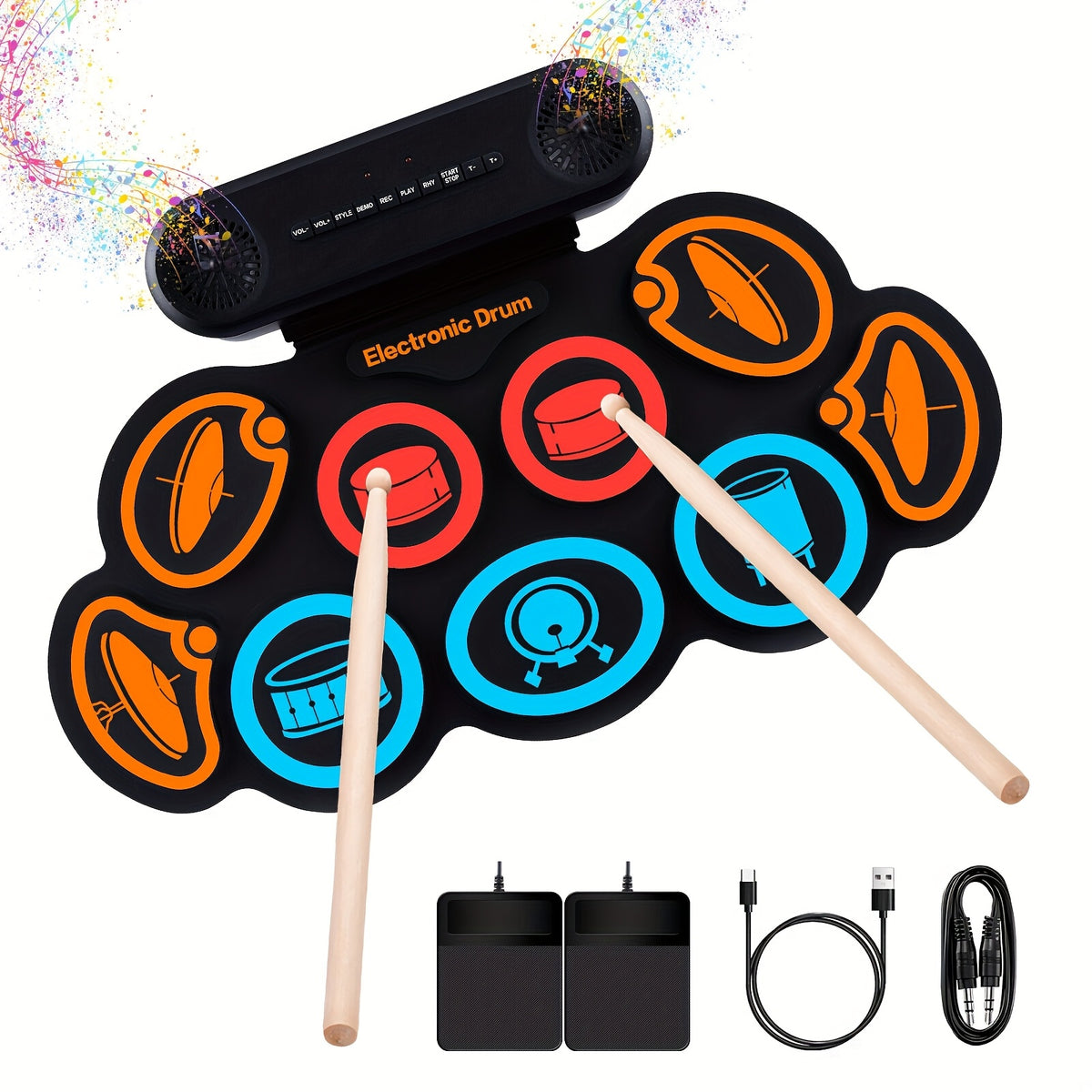 Electronic Drum Set, 9-Pads Roll-Up Electric Drum Pad Kit with Headphone Jack 10Hrs Playtime Built-In Speaker with Drumsticks Pedals, Xmas Birthday Gift for - product image