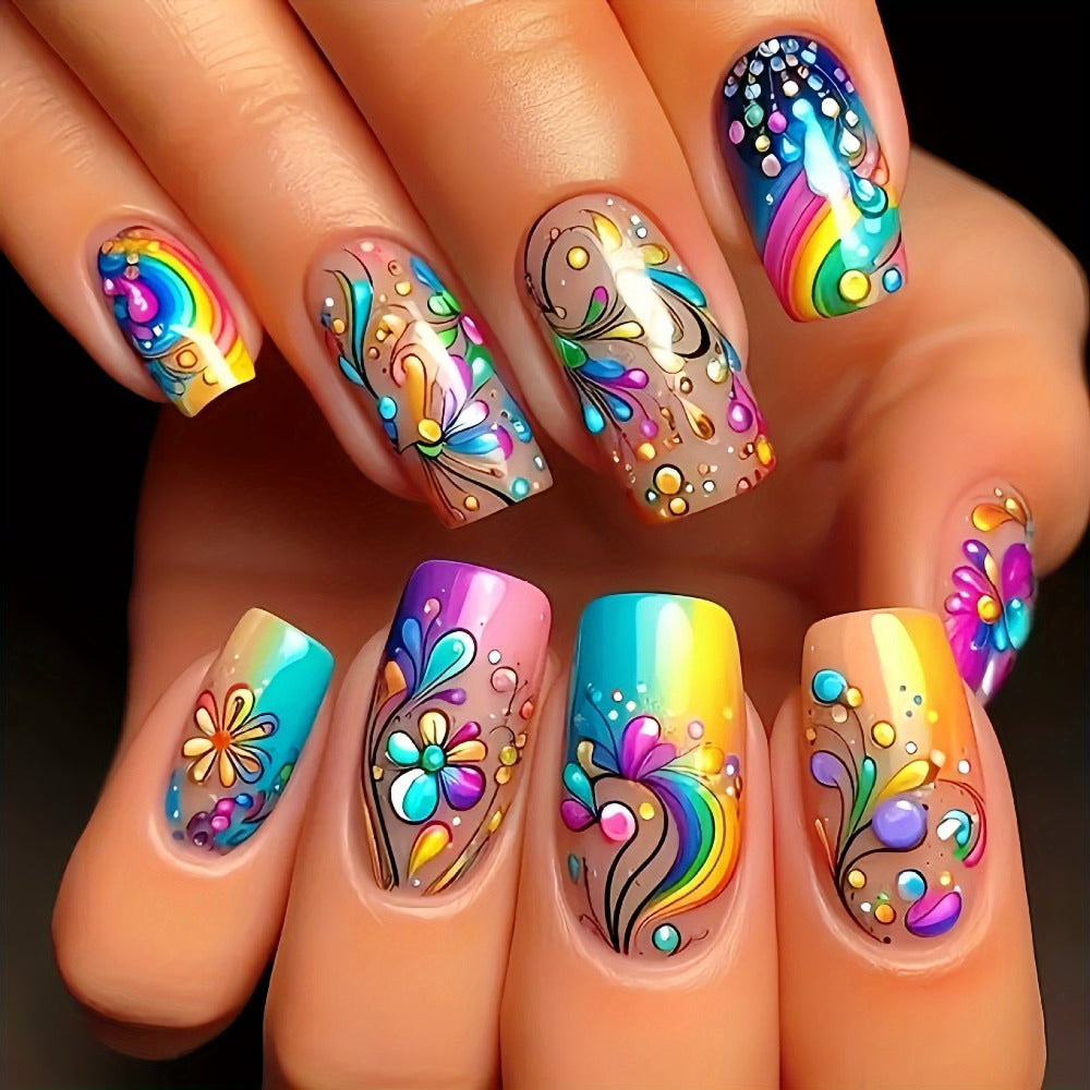 Floral Press On Nails 120 Pieces 5 Packs – Glossy Spring Summer False Nails Medium Square Full Cover Fake Nails with Striped & Mixed Color Designs | Removable Nail Art Set for Wome - product image 6