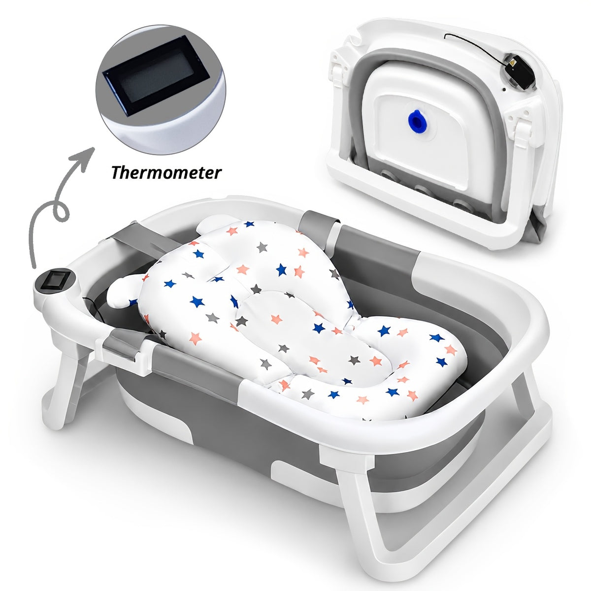 Foldable Baby Bathtub, Baby Tub with Soft Cushion and Thermometer, Portable Travel Baby Bathtub