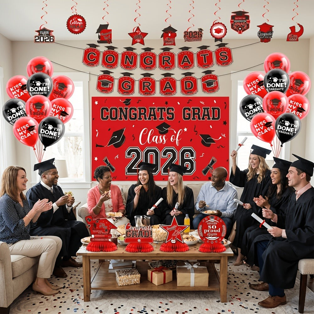 Complete Set with Backdrop Banner Hanging Swirls Balloons & Honeycomb Supplies, 6 Color Options Purple Maroon Blue Red Green Gold | Class of 2026 Graduation - product image 10