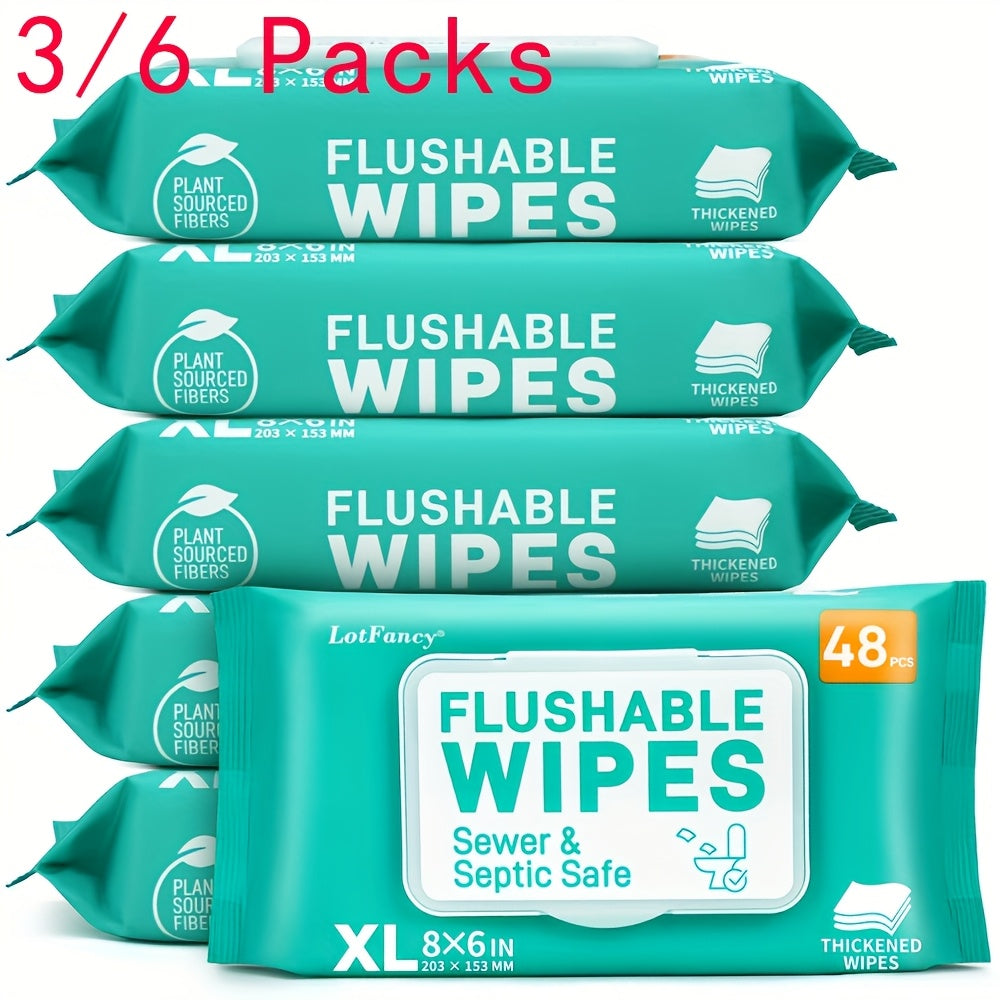 Lotfancy Extra Large Flushable Wet Wipes, Thickened Butt Wipes, 6 Packs X 48 Ct, 144/288 Wipes, Septic and Sewer Safe, Quick-Dispersing, No Alcohol - product image
