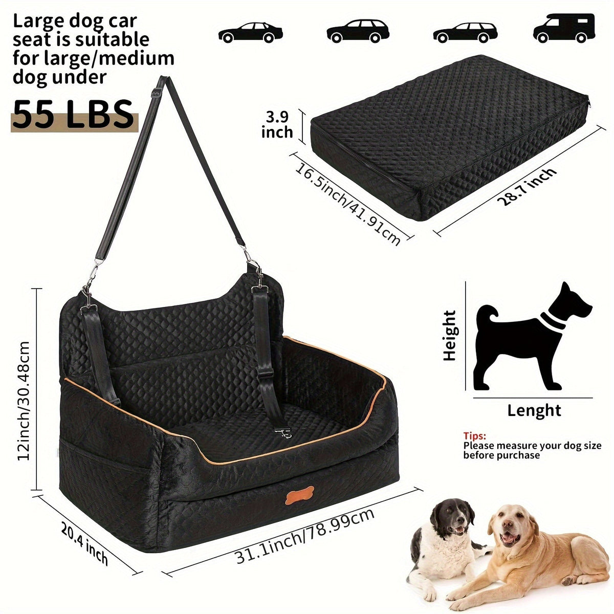 Cozy Removable Washable Pet Car Bed for Medium & Large Dogs, Elevated Back Seat Travel Cushion with Secure Straps, 6 Colors for Cars Trucks SUVs | Dog Car Booster Seat with Thick Cushion