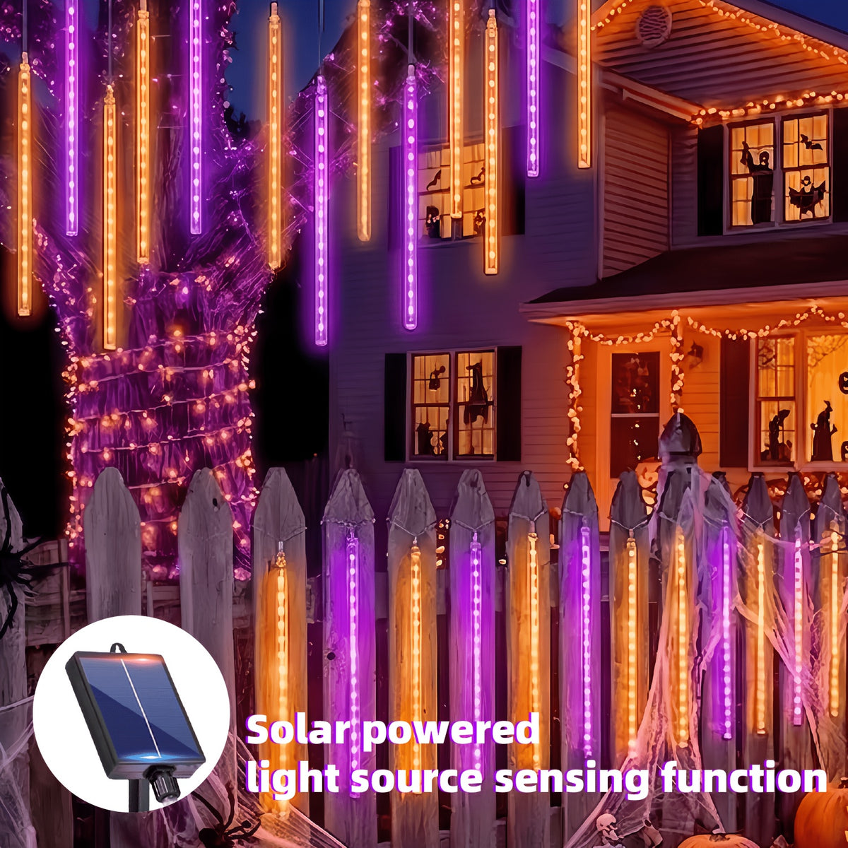 1 Pack, 8-tube 192LED Outdoor Meteor Shower Christmas Light, Solar Powered Rain Light, IPX4, Light Source Sensing, Automatic Switch, Suitable For Courtyard, Party, Thanksgiving, Halloween, Christmas Decoration Lights, Anniversaries