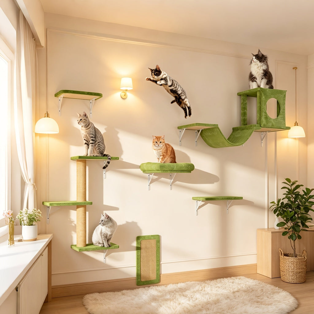 7-Piece Deluxe Wall Mounted Cat Furniture with Condo, Scratching Post, Bridge, Ladder & Tunnel for All Cat Sizes – Cat Wall Shelf Climbing Set - product image 3