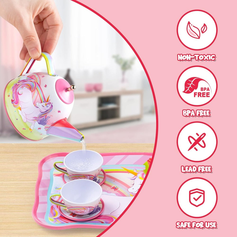 Pretend Play Pink Tin Teapot with Cups, Plates & Carrying Case, Magical Rainbow Design, Birthday Christmas Gift for Kids Ages 3+ | Unicorn Tea Party Set for - product image 10