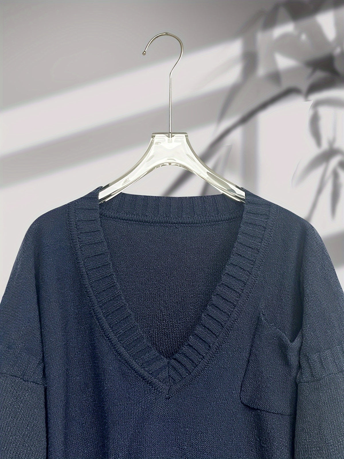 Plus Size, Women's Plus Size Oversized V-Neck Longline Sweater - Soft Machine-Washable Black Pullover for Fall Winter, Elegant Loose Fit Casual Chic Wardrobe - product image 46