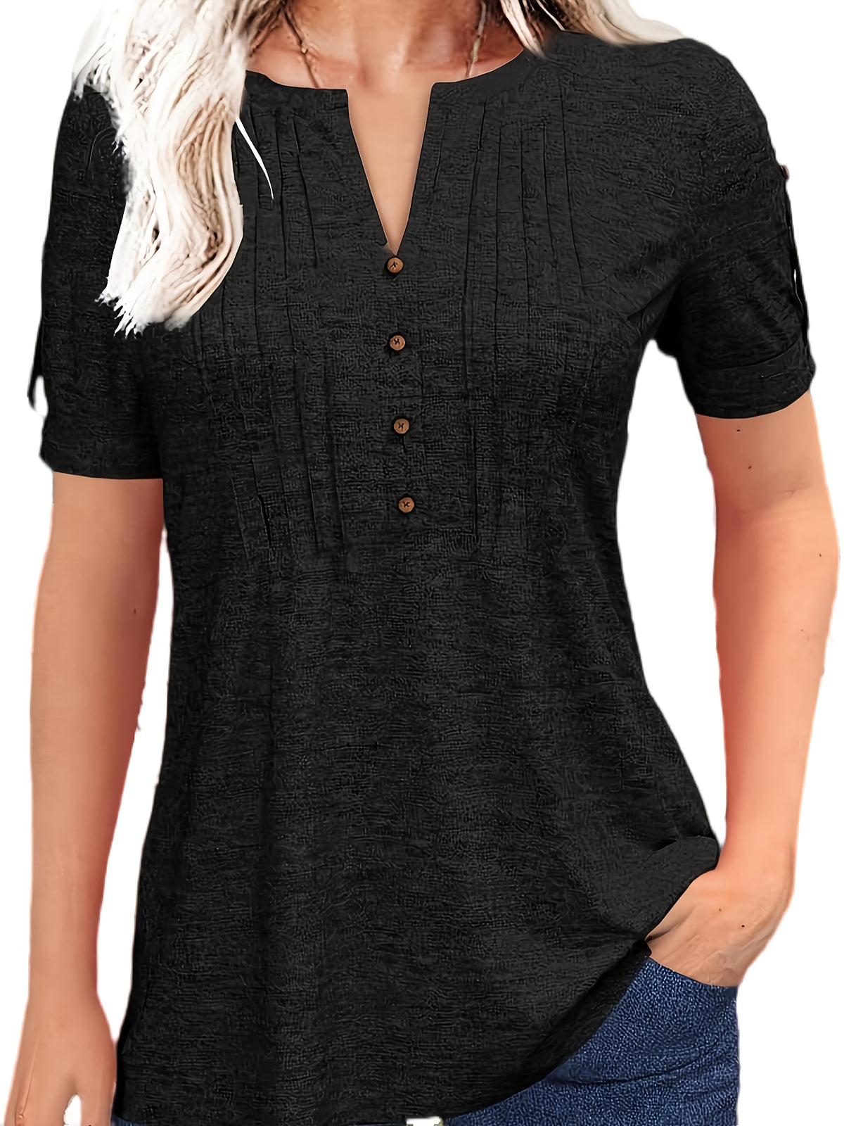 Casual Short-Sleeve T-Shirt for Women, Featuring a Pleated Design and V-Neck in Solid Colors, Perfect for Summer - product image 40