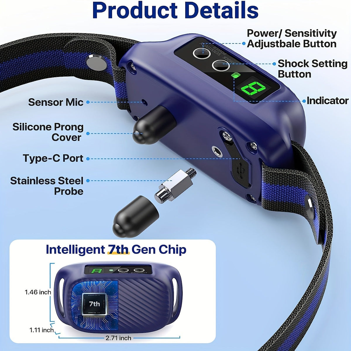 Automatic No Bark Collar with 8 Sensitivity Levels for Medium Large Dogs – Anti Bark Collar Rechargeable with Shock Beep & Vibration - product image
