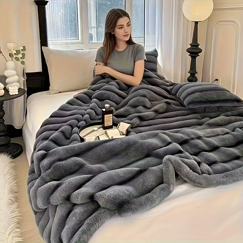 Striped Luxurious Faux Rabbit Fur Throw Blanket Ultra-Soft, Double-sided Blanket, Kids' Blanket, ClassicStripe Pattern, Multi-Color, Travel, Camping, Al - product image 4