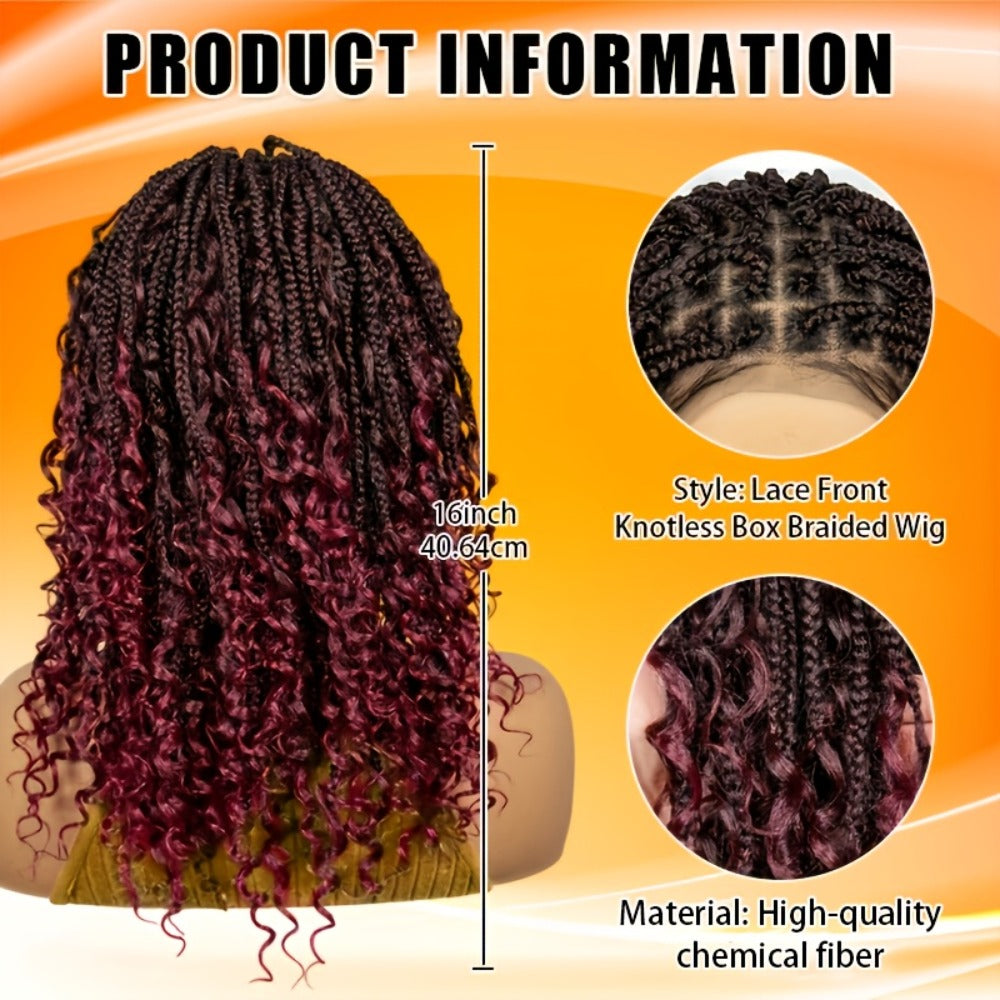 Goddess Braided Wig Knotless Bohemian Square Braid Full Lace Curly Wave 14-16 Inch Black Burgundy Brown Natural Hairline Protective Style Synthetic Wig for Women - product image 20