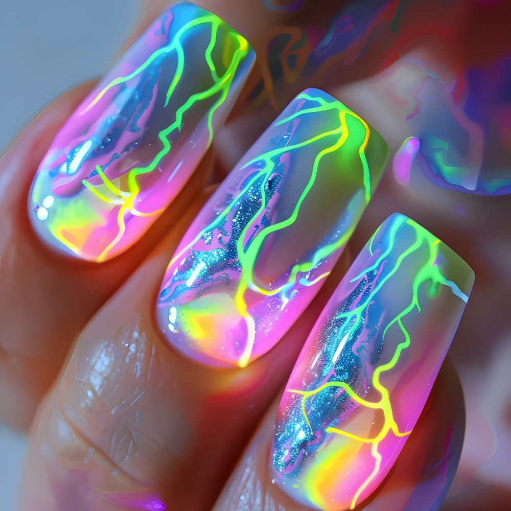 Green Glitter Press On Nails 216 Pieces 9 Packs – Medium Ballet Coffin False Nails with Lightning Bolt & Striped Bold Designs | Glossy Full Cover Removable Fake Nails for Women Gir - product image 9