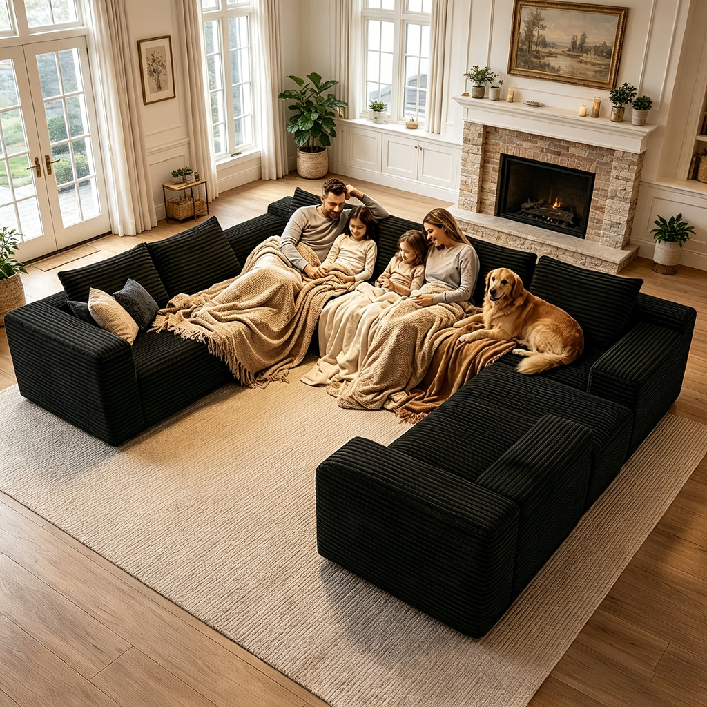 121.2" Oversized U-Shaped Corduroy Cloud Couch, 8-Seater Modular Sectional Sofa with Double Chaise, Boneless Deep Seat Convertible Couch, 4-In-1 Flexible Large Corner Sofa for Living Room, No Assembly