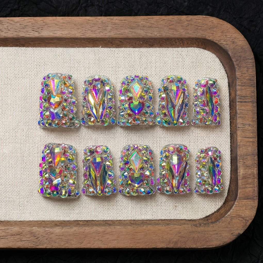 Short Duckbill Press On Nails 10pcs Handmade AB Crystal Colorful Diamond Glossy – Reusable Non-Toxic Salon Quality Spring Summer Nail Art Set with Gel Adhesive Tabs S M L for Women - product image 12