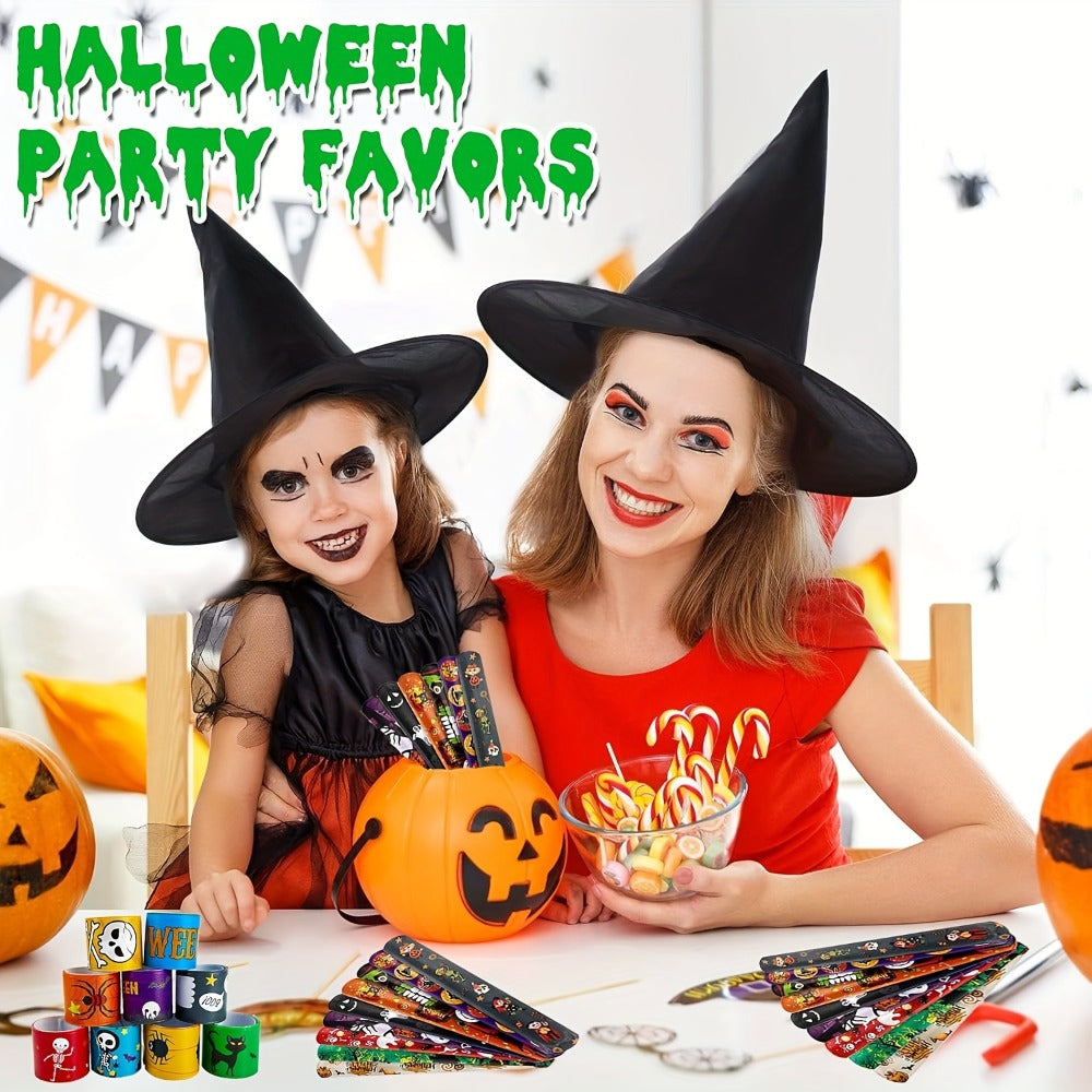54/100PCS Halloween Party Favors for Boys & Girls, Spooky Treat Bag Stuffers, Classroom Goodie Gifts, Halloween Toy Accessories | Halloween Slap Bracelets Bulk for Kids