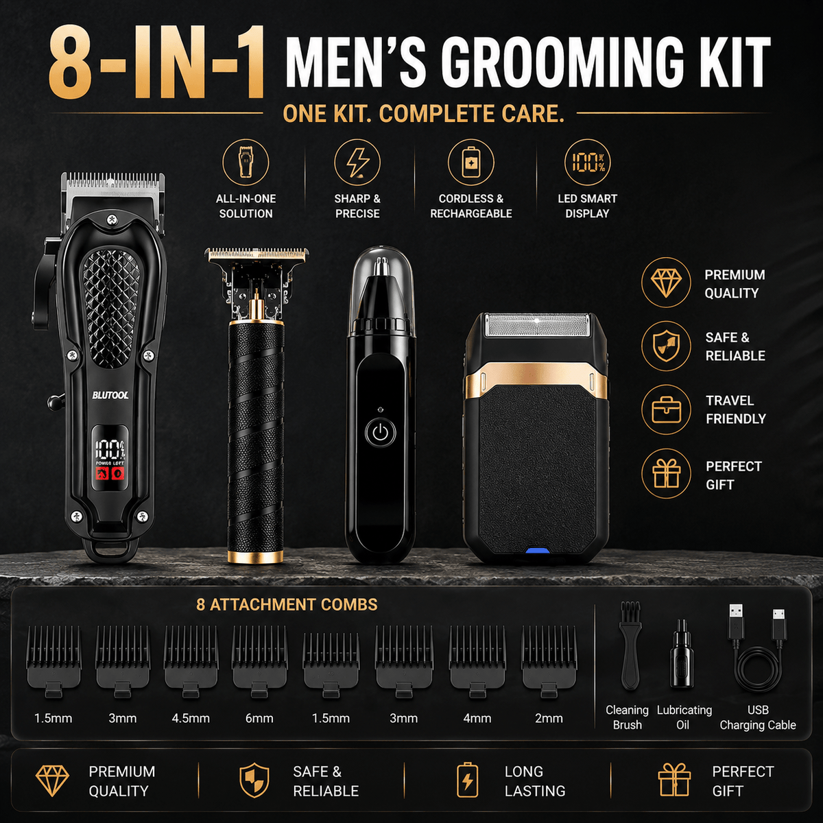 Men' Wireless Electric Hair Clipper & Trimmer - USB Rechargeable Professional Grooming Kit with LCD Display Suitable for Beard, Face, Body Hair Care, USB- for Home, Travel, Car Use