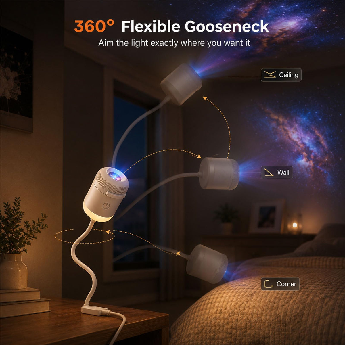 HD Smart 5D Holographic Night Light Projector, 2-in-1 Galaxy Star Lamp, 360° Rotating USB Powered Projector with 3 Films - product image 4