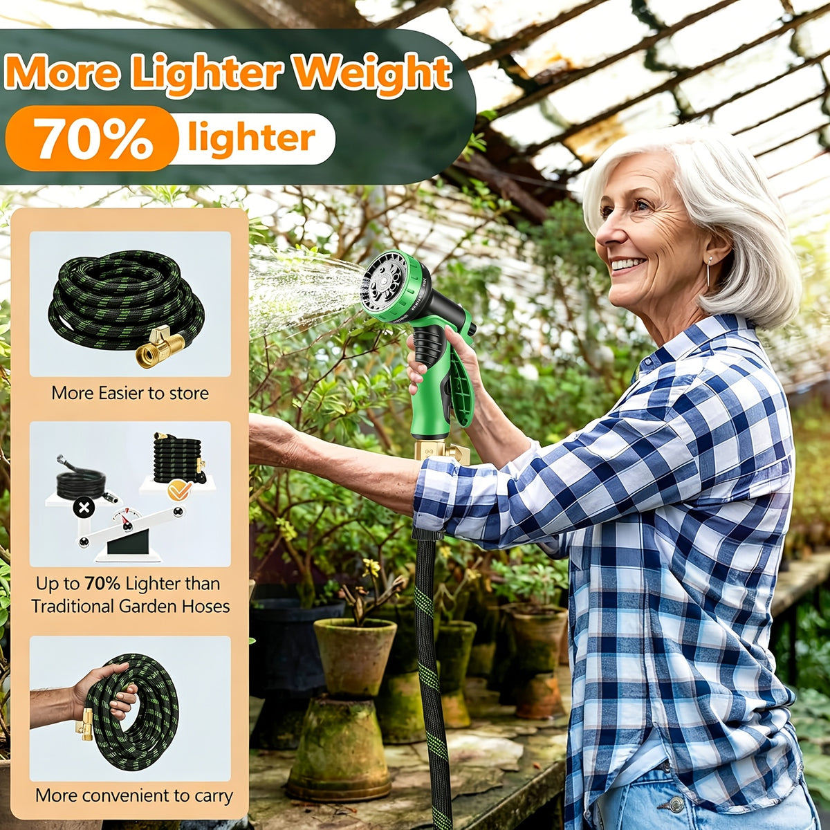 Garden Hose 100Ft/150Ft/75Ft/50Ft/25Ft/15Ft/10Ft with 10-Function High-Pressure Spray Nozzle, Lightweight, Non-Expandable Water Hose for Yard, Lawn, Car Wash - product image 6