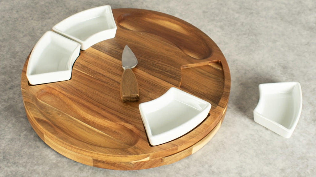 Acacia Wood Charcuterie Board Set Circular Cheese Board with Drawer Knife Set & Ceramic Bowls | Premium Serving Platter Gift Set for Housewarming Bridal Shower Wedding Birthday Wom - product image 9