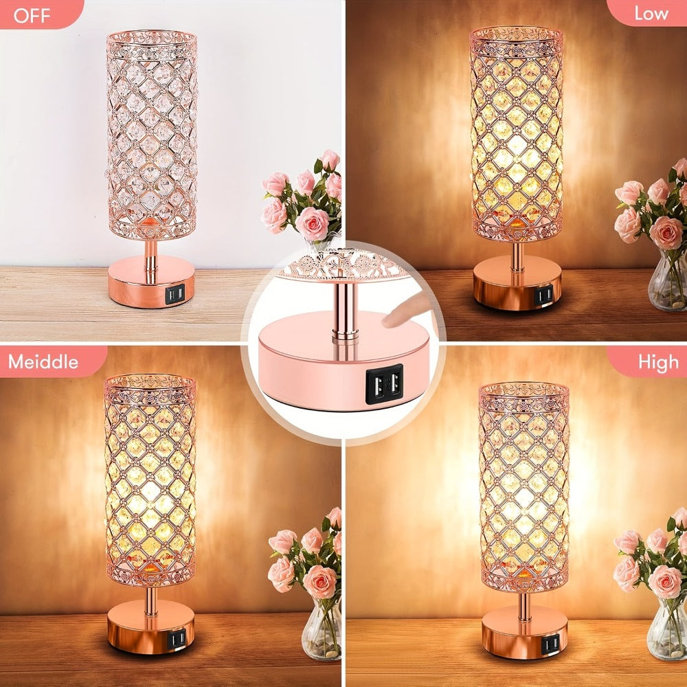 Crystal Bedside Table Lamp with Touch Control & 2 USB Charging Ports, 3-Way Dimmable Nightstand Lamp with Decorative Crystal Base, LED Bulb Included, for Bedroom Living Room Office - product image 2