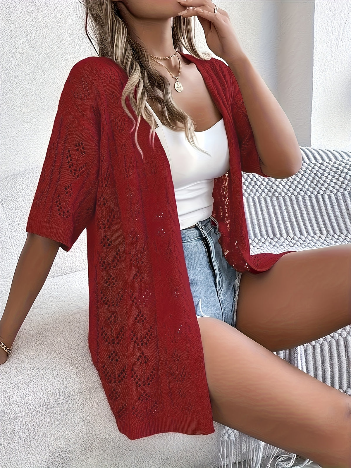 Plus Size, Plus Size Women's Lightweight Lace- Cardigan - Open Front Semi-Sheer Cover-Up with Cut-Out Design, Casual Chic Spring/Summer Beachwear for Vacation - product image 19
