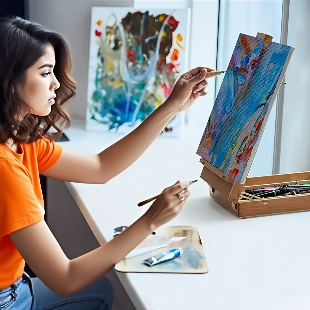 Plein Air Painting Set 14 Piece – Complete Outdoor Art Kit for Artists Adults Beginners – Carry-along Sketch Box with Adjustable Wooden Tabletop Easel Paint Canvas Tray 4 Brushes & Palette Knife
