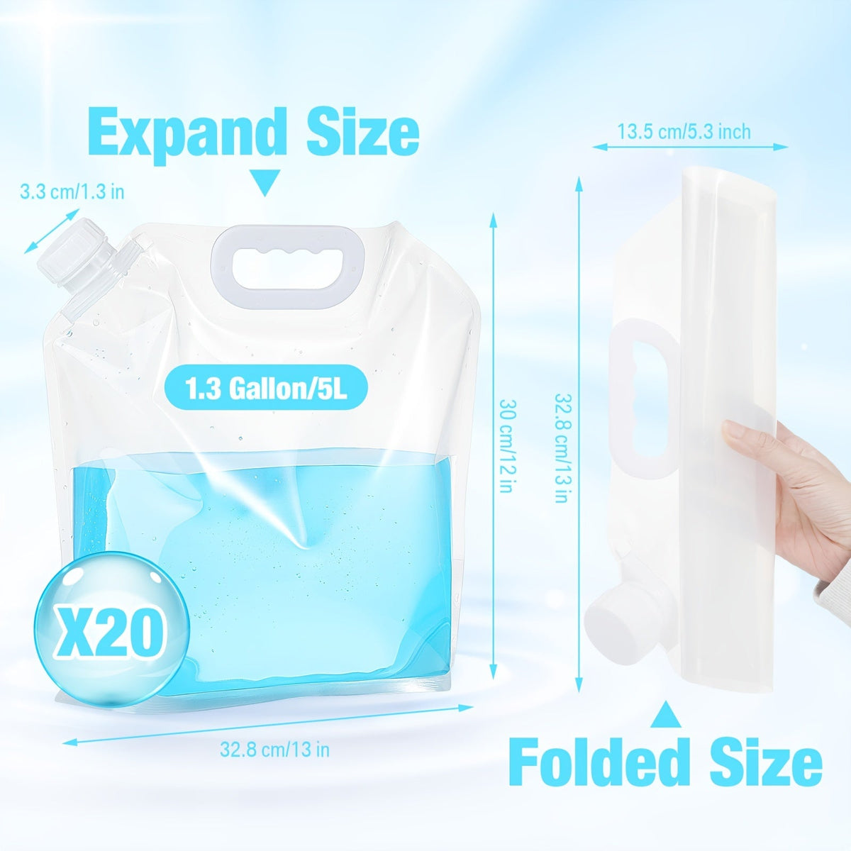1.3 Gallon Each (26 Gallons Total) Food-Grade Clear Foldable Plastic Water Storage Containers for Emergency, Camping & Outdoor Use – Collapsible Water Bags 20 Pack